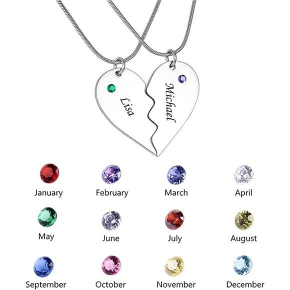 Stainless Steel Personalized Key Heart Puzzle Necklace Set with Birthstones - Picture 3 of 7